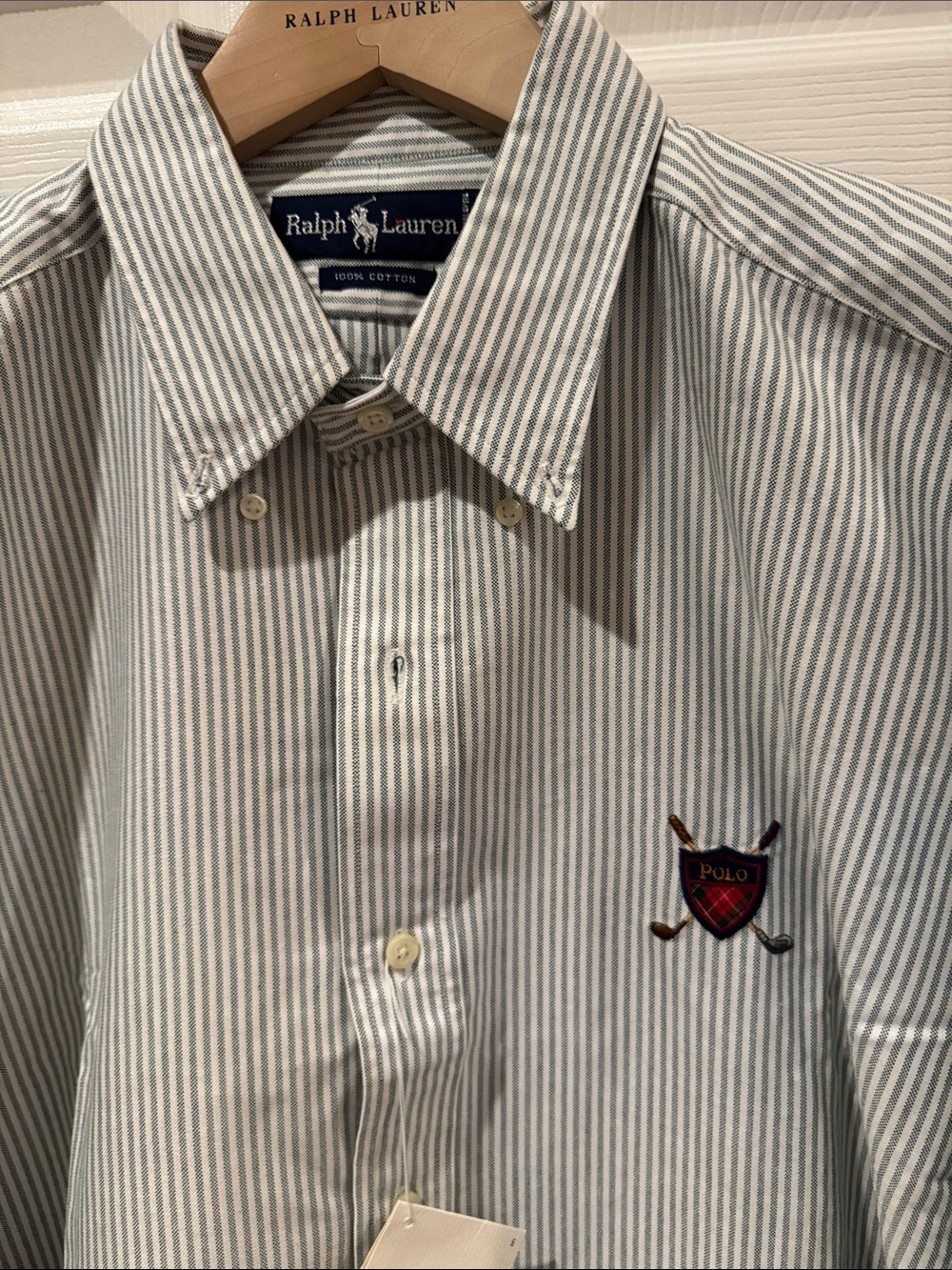 Vintage 1990s Polo Ralph Lauren Green & White Stripe Button-Down with Crest